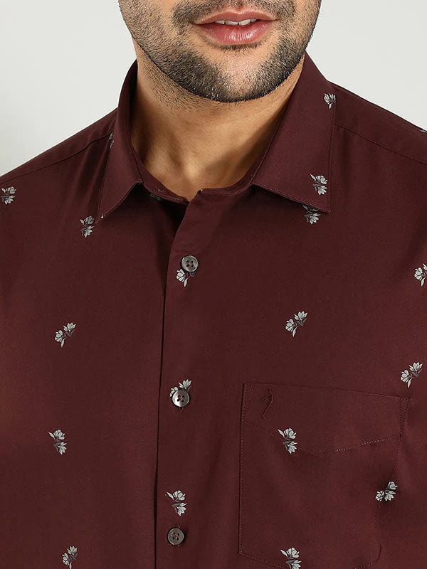 Indian Terrain Men's Regular Fit Full Sleeve Floral Print Brown Shirt